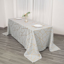 Silver Polyester Tablecloth With Gold Foil Rectangular Geometric Design 90 Inch x 132 Inch