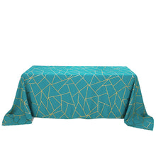 90 Inch x 132 Inch Gold Foil Geometric Pattern on Peacock Teal Rectangle Polyester Tablecloth