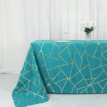 Polyester Rectangle Tablecloth in Peacock Teal with Gold Foil Geometric Design 90 Inch x 132 Inch
