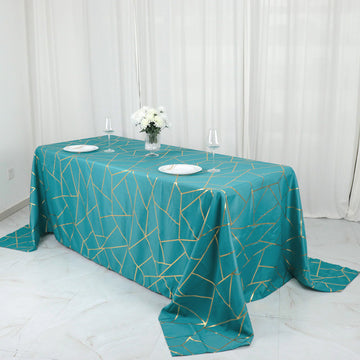 Teal Seamless Rectangle Polyester Tablecloth With Gold Foil Geometric Pattern 90"x132"