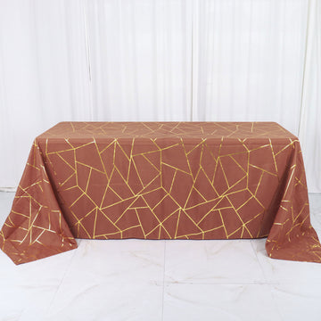 Terracotta (Rust) Seamless Rectangle Polyester Tablecloth With Gold Foil Geometric Pattern 90"x132"