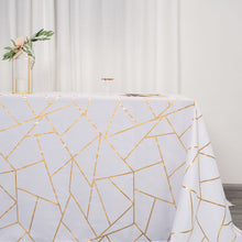 Rectangle 90 Inch x 132 Inch White Tablecloth With Gold Geometric Pattern Polyester