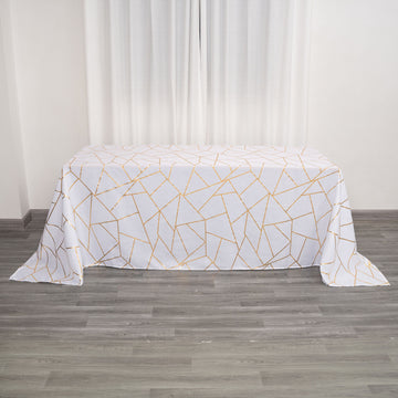 White Seamless Rectangle Polyester Tablecloth With Gold Foil Geometric Pattern 90"x132"