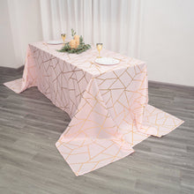 Blush Rose Gold Rectangle Tablecloth With Gold Foil Geometric Design 90x156 Inch Polyester