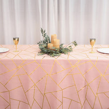 90 Inch x 156 Inch Dusty Rose Polyester Tablecloth With Gold Foil Geometric Pattern