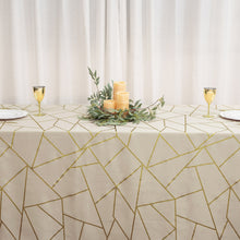 90 Inch x 156 Inch Polyester Tablecloth In Beige With Gold Foil Geometric Pattern