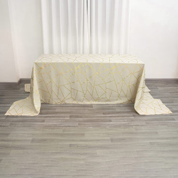 Beige Polyester Tablecloth with Gold Foil Geometric Pattern