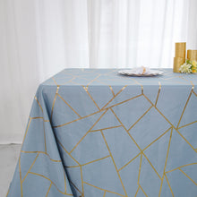Polyester Tablecloth In Dusty Blue With Gold Foil Geometric Design 90 Inch x 156 Inch 