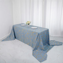 Tablecloth In Dusty Blue Polyester 90 Inch x 156 Inch With Gold Geometric Pattern