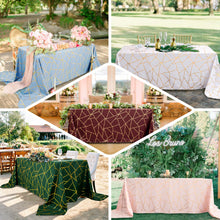 90 Inch x 132 Inch Gold Polyester Rectangle Tablecloth with Gold Foil Geometric Design