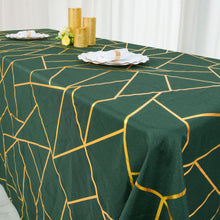 Hunter Emerald Green Polyester Tablecloth With Gold Geometric Design 90 Inch x 156 Inch 
