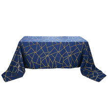 90x156 Inch Navy Blue Tablecloth With Gold Foil Geometric Pattern In Polyester