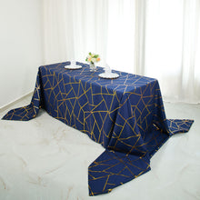 90x156 Inch Rectangle Tablecloth In Navy Blue Polyester With Gold Foil Geometric Pattern