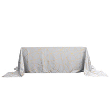 Silver Tablecloth With Gold Foil Geometric Pattern 90 Inch x 156 Inch Rectangle