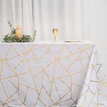 90 Inch x 156 Inch White Tablecloth With Gold Geometric Design