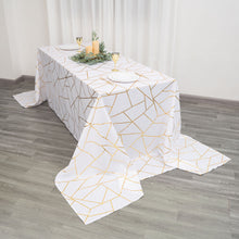 White Tablecloth With Gold Geometric Design 90 Inch x 156 Inch 