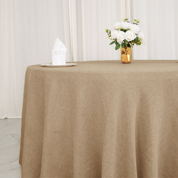 Create a Rustic and Elegant Atmosphere with the Natural Jute Seamless Faux Burlap Round Tablecloth