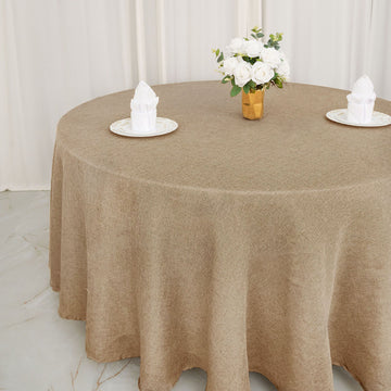 Enhance Your Event Decor with the Natural Jute Seamless Faux Burlap Round Tablecloth