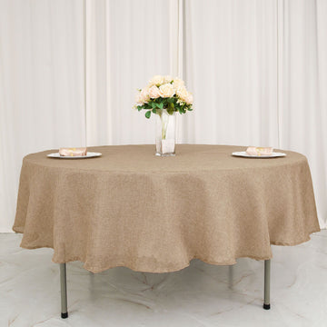 Natural Jute Seamless Faux Burlap Round Tablecloth in Boho Chic