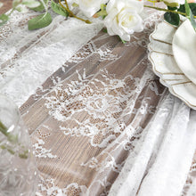 60 Inch By 120 Inch White Lace Tablecloth With Scalloped Frills And Floral Design