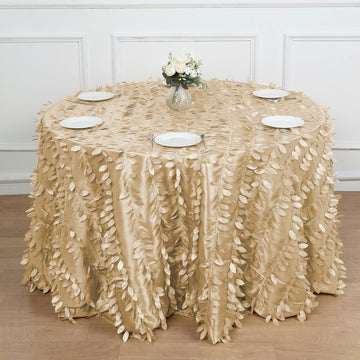 Champagne 3D Leaf Petal Taffeta Fabric Seamless Round Tablecloth 120