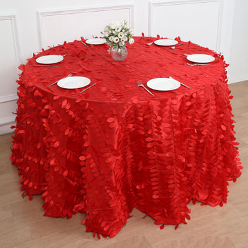 Red 3D Leaf Petal Taffeta Fabric Seamless Round Tablecloth 120"