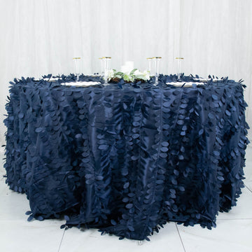 Navy Blue 3D Leaf Petal Taffeta Fabric Seamless Round Tablecloth 132