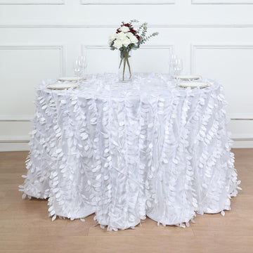 White 3D Leaf Petal Taffeta Fabric Seamless Round Tablecloth 132