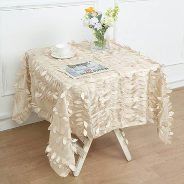 Beige 3D Leaf Petal Taffeta Fabric Seamless Square Tablecloth 54'' - The Perfect Gift for Nature Enthusiasts