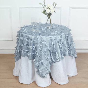 Experience the Beauty of Nature with the Dusty Blue 3D Leaf Petal Taffeta Fabric Seamless Square Table Overlay