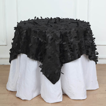 Black 3D Leaf Petal Taffeta Fabric Seamless Square Table Overlay 54 inch - Bring Natural Elegance to Your Table