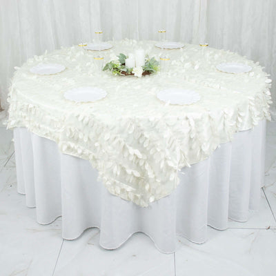 Round white tablecloth with floral texture, ideal for elegant dining settings.