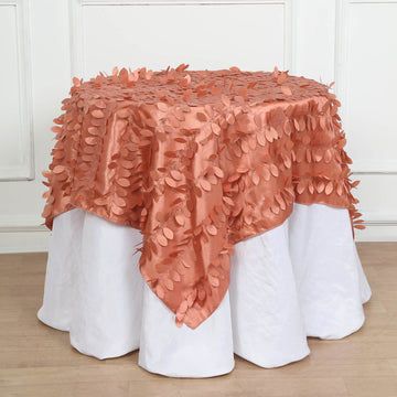 Terracotta (Rust) 3D Leaf Petal Taffeta Fabric Seamless Square Table Overlay 54 inch - Natural Elegance for Your Tables