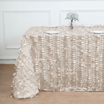 Beige 3D Leaf Petal Taffeta Fabric Seamless Rectangle Tablecloth 90"x132"