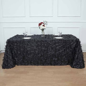 Black 3D Leaf Petal Taffeta Fabric Seamless Rectangle Tablecloth 90"x132"