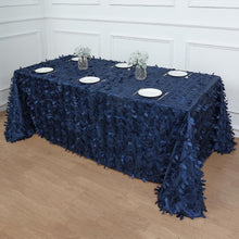 90 Inch X 132 Inch - Rectangle 3D Navy Blue Leaf Petal Design Taffeta Tablecloth