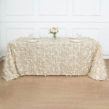 Beige 3D Leaf Petal Taffeta Fabric Seamless Rectangle Tablecloth 90"x156"