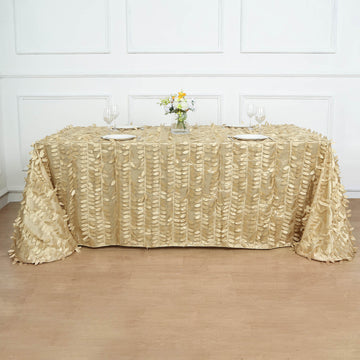 Champagne 3D Leaf Petal Taffeta Fabric Seamless Rectangle Tablecloth 90"x156"