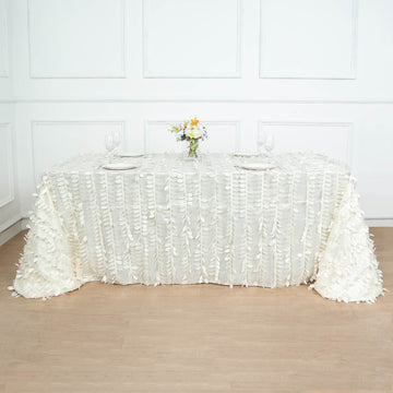 Elegant Ivory 3D Leaf Petal Taffeta Fabric Seamless Rectangle Tablecloth 90"x156"
