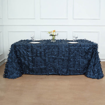 Elegant Navy Blue 3D Leaf Petal Taffeta Fabric Seamless Rectangle Tablecloth 90"x156"