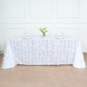 White 3D Leaf Petal Taffeta Fabric Seamless Rectangle Tablecloth 90"x156"