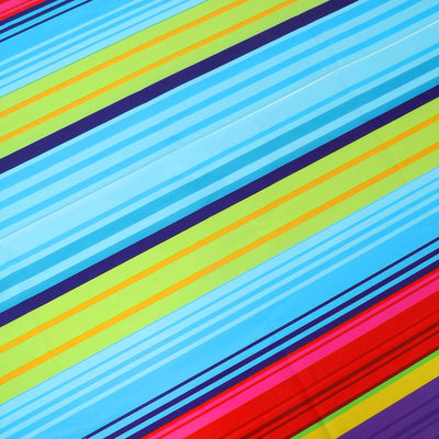 Colorful striped fabric with vibrant blue, green, yellow, and red hues.
