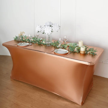 Add a Touch of Elegance with the Metallic Blush Rectangular Stretch Spandex Table Cover 6ft