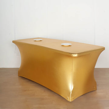 Versatile and Stylish Table Decor with the Metallic Gold Rectangular Stretch Spandex Table Cover 6ft