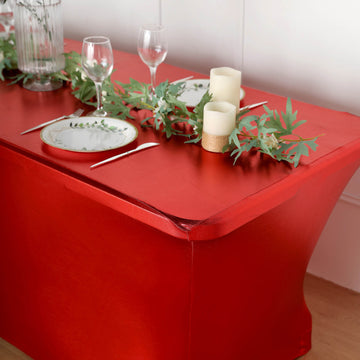 Create a Stunning Event with the Metallic Red Rectangular Stretch Spandex Table Cover 6ft