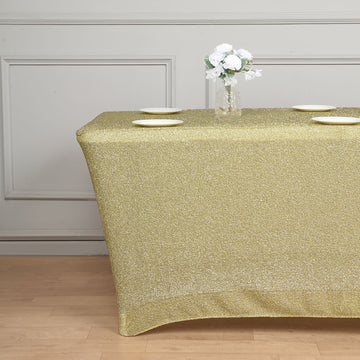 Create a Stunning Event Setup with our Glittery Champagne Rectangular Fitted Tablecloth