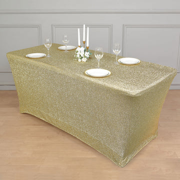 Make Your Event Memorable with a Champagne Metallic Shimmer Tinsel Spandex Table Cover