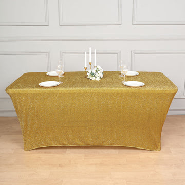 Add Glamour to Your Event with a Gold Metallic Shimmer Tinsel Spandex Table Cover