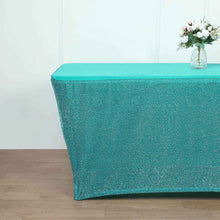 Metallic Shimmer Tinsel Spandex 6 Feet Fitted Tablecloth In Turquoise Rectangular