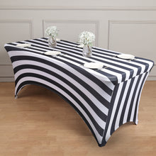 8ft Black / White Striped Spandex Stretch Fitted Rectangular Tablecloth